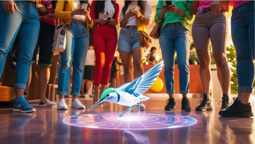 un grupo de personas viendo un colibri en realidad aumentada en una exposición