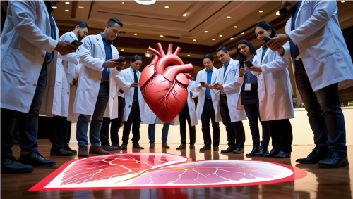 Grupo de estudiantes de medicina viendo un corazón humano en realidad aumentada